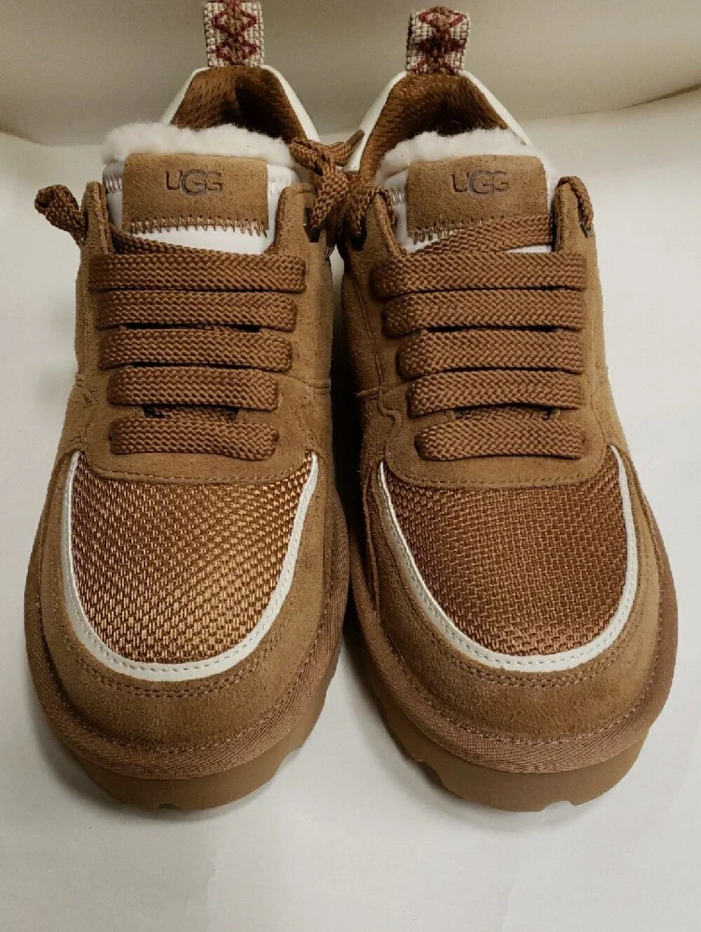 UGG Chestnut Brown Suede Lace-Up Sneakers with Shearling Collar, Size 6